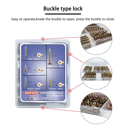 Wood Screws Kit 175 Pieces Self Tapping Screws Set Yellow Zinc Plated Flat Head Phillips assorted screws with sizes #6, #8, #10