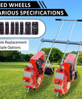 Adjustable Dual Row Hand Push Seeder Planter for corn cotton soybean peanut with 12 openings and wheels, outdoor setting.