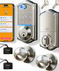 No Sweat App Paired Fingerprint Smart Front Lock With Heavy Duty Knob Set And Slick Satin Nickel Finish, smartphone app interface.