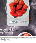 Digital Kitchen Scale With 11 Pound Capacity Dual LCD Display Tare Function And Precise Half Gram Resolution Measures In Grams And Ounces For Baking Cooking Coffee Meal Prep Portion Control Packaging And Postage displaying strawberries in bowl