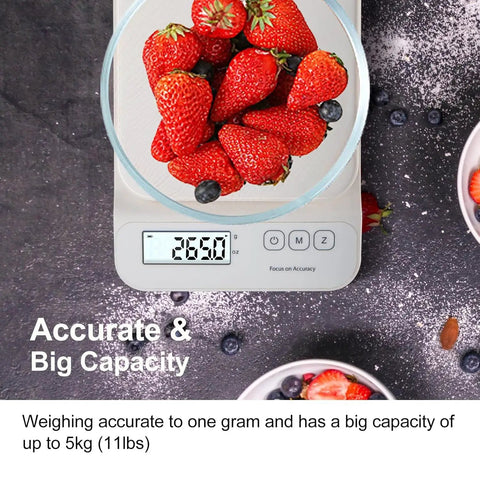 Digital Kitchen Scale With 11 Pound Capacity Dual LCD Display Tare Function And Precise Half Gram Resolution Measures In Grams And Ounces For Baking Cooking Coffee Meal Prep Portion Control Packaging And Postage displaying strawberries in bowl