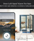 Rock Solid Smart Deadbolt With A Fully Hidden Build Flaunting A Sleek Matte Black Finish showing smartphone app with door open alert and open front door.