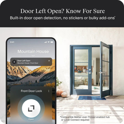 Rock Solid Smart Deadbolt With A Fully Hidden Build Flaunting A Sleek Matte Black Finish showing smartphone app with door open alert and open front door.