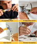 Person using 209 Piece Home And Auto Repair Tool Kit with wrench set, including pliers, adjustable wrench, claw hammer, and screwdriver.