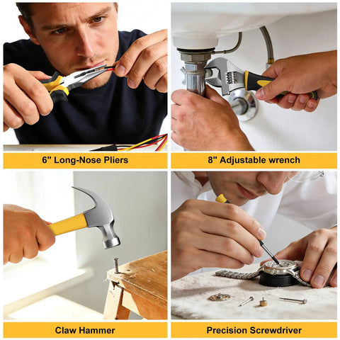 Person using 209 Piece Home And Auto Repair Tool Kit with wrench set, including pliers, adjustable wrench, claw hammer, and screwdriver.