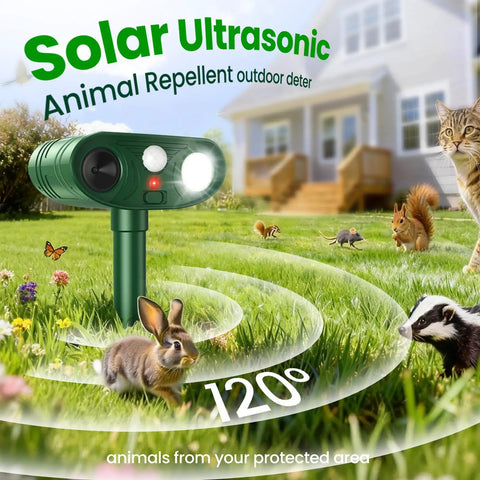 Solar Ultrasonic Animal Repeller With Motion Sensor Light For Yard Garden Lawn, green ABS stake unit with 120° coverage