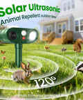 Solar Ultrasonic Animal Repellent With Motion Sensor And LED Flashlight, green outdoor yard pest deterrent, 120° coverage