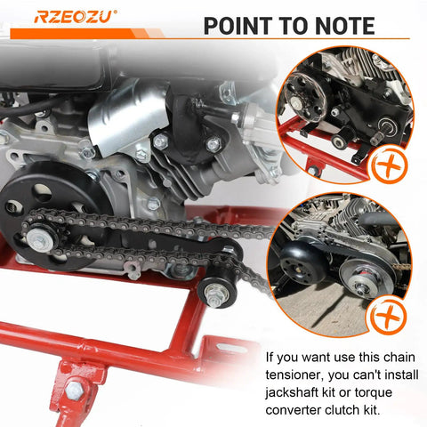 Beefed Up Mini Bike Chain Tensioner Bracket With 8mm Chain Roller installed on Predator 212 engine showing usage details.