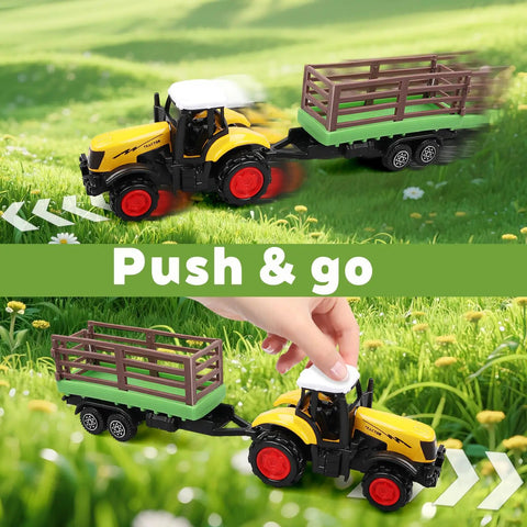 3 Pack Farm Tractor Toys With Trailers Diecast Alloy Tractors And Trucks For Kids showing push and go play, detachable trailer