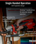 Compact Press Tool Battery Kit With ProPress Rings And Jaws For Half Inch To One And One Quarter Inch Copper Stainless Steel PEX And Carbon Steel C1 Actuator In Line One Handed Press Tool Ergonomic In Line Design For Easy One Handed Use showing one-handed operation on copper pipes