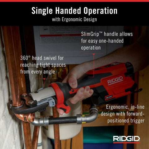 Compact Press Tool Battery Kit With ProPress Rings And Jaws For Half Inch To One And One Quarter Inch Copper Stainless Steel PEX And Carbon Steel C1 Actuator In Line One Handed Press Tool Ergonomic In Line Design For Easy One Handed Use showing one-handed operation on copper pipes
