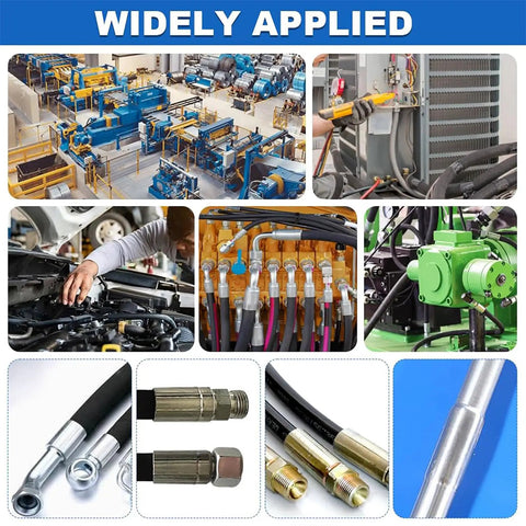 No Hassle Manual Hydraulic Hose Crimping Tool Featuring Seven Heavy Duty Swage Dies And An Accurate Pressure Gauge used in various industrial settings.