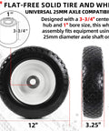 12 Inch Flat Free Solid Tire And Wheel Set For Trailer Dollies And Utility Carts With Centered Hub Size Three And Three Quarters Inch And One Inch Bore Fits 25mm Axle Shaft Replacement Heavy Duty shown in front and side views.
