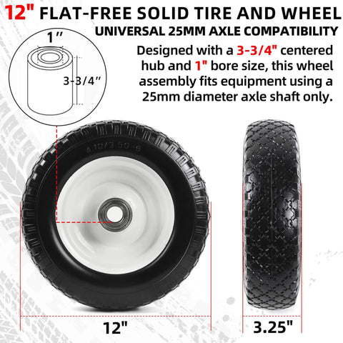 12 Inch Flat Free Solid Tire And Wheel Set For Trailer Dollies And Utility Carts With Centered Hub Size Three And Three Quarters Inch And One Inch Bore Fits 25mm Axle Shaft Replacement Heavy Duty shown in front and side views.