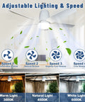 Solar Outdoor Ceiling Fan Light 31.5 Inch with Remote showing adjustable speeds from comfortable to cool breeze
