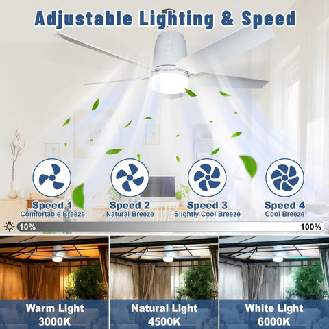 Solar Outdoor Ceiling Fan Light 31.5 Inch with Remote showing adjustable speeds from comfortable to cool breeze