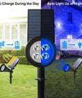 Image showing Blue Solar Spotlight Kit Outdoor Waterproof Garden Lights With Auto On Off And 180 Degree Adjustable Spotlight And Panel in use, illustrating day charging and night lighting.