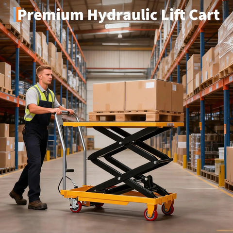 Heavy Duty Hydraulic Lift Table Cart With No Sweat Foot Pedal Operation And Hardcore Three Hundred Thirty Pound Capacity For Tough Shop And Moving Project Hauls in warehouse with boxes on pallets.