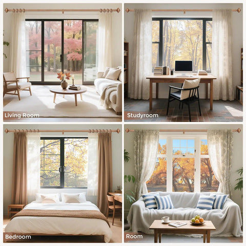 Heavy Duty Wooden Curtain Rods For Windows 48 To 84 Inches with Boho Wood Grain Finials in different room settings