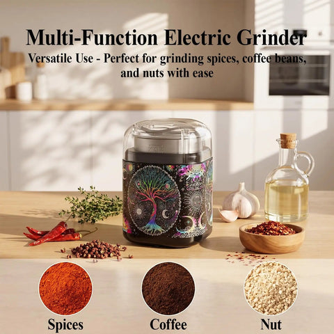 One Touch Electric Spice Grinder 200W Power with stainless steel blades and sleek black pattern for spices, coffee, nuts, pepper in kitchen