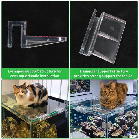 Built Different Acrylic Fish Tank Lid Clips Six Pack Crystal Clear Rimless Aquarium Cover Brackets For 5 To 6 Millimeter Glass L-shaped and triangular support structures.