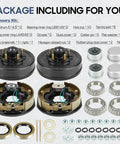 Trailer axle electric brake kit with two black 5-hole 4.5 inch bolt-circle brake drums and hardware