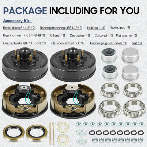 Trailer axle electric brake kit with two black 5-hole 4.5 inch bolt-circle brake drums and hardware