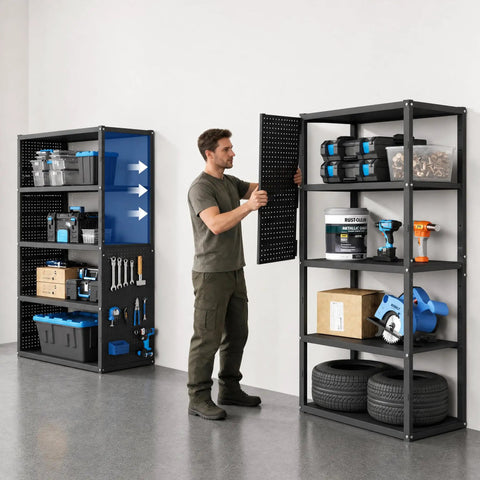 Person assembling Modular Garage Storage System With Workbench And Pegboard Shelving, 117-Inch Heavy-Duty Steel Organizer, open shelves, tools