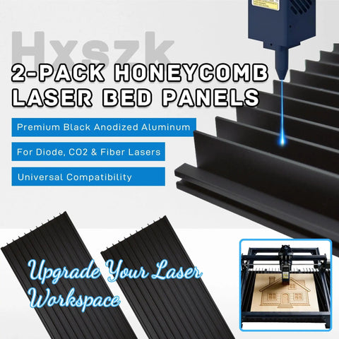 Two Pack Honeycomb Laser Bed Panels in Black Anodized Aluminum for Laser Engravers and Cutters shown close-up and in use