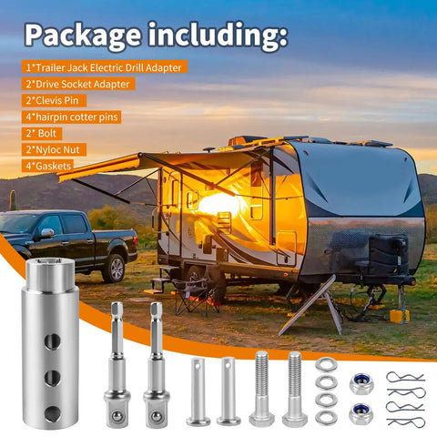 Heavy Duty Trailer Jack Drill Adapter For One Inch Square Drive Shafts Cracks Down Stiff Rv Tongues And Camper A Frames In Seconds No Sweat Setup Comes With Complete Bolt Nut Cotter Pin And Washer Kit, includes stainless adapters and mounting kit.