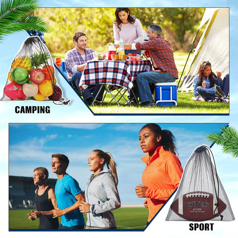 Collage showing mesh bags with fruit at a camping picnic and a football during a sports event, highlighting versatile uses.