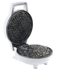 Cute Mini Electric Pizzelle Maker Creates Single 4 Inch Italian Waffle Cookies, nonstick plates, compact design, white body.