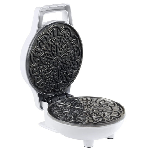 Cute Mini Electric Pizzelle Maker Creates Single 4 Inch Italian Waffle Cookies, nonstick plates, compact design, white body.
