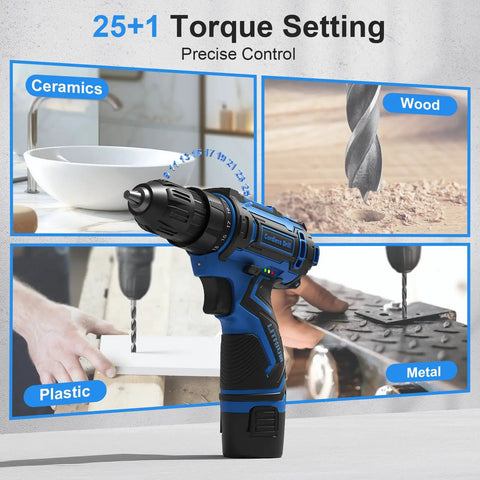 12V Cordless Drill Kit With 92 Accessories, 3/8 Inch Keyless Chuck, Built In LED Light, ceramic, wood, metal, plastic drilling