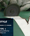 Close-up of die grinder using Beefy Three Inch Cut Off Wheel Type One Sixteenth Inch Thick With Three Eighths Inch Arbor A36T 56091 Ten Pack For Aggressive Cutting And Grinding Open Arbor For Fast Clean Slices on metal sheet.