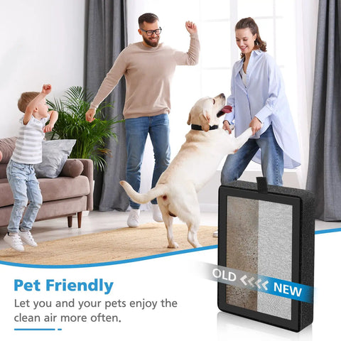 Family playing with dog indoors, showcasing 4 Pack LV H128 RF Replacement Filter Easy Swap For LV H128 Air Purifier with filter comparison image.