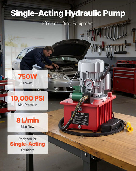 Electric Hydraulic Pump Power Pack 750W 10000 PSI 120V Single Acting Solenoid Valve With Pedal Switch in workshop setting