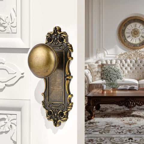 Bronze Interior Dummy Door Knobs, 2 Pack - Antique Bronze Door Handles on white door with Baroque-inspired design, living room.