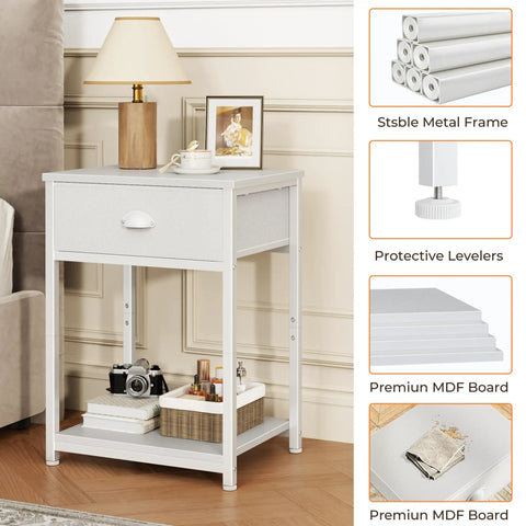 Small Space Friendly White Nightstand With Fabric Drawer And 3 Tier Storage End Table For Living Room Bedroom Or Dorm Durable Night Stand With Adjustable Feet Sturdy Build For Daily Use shown with decor and books