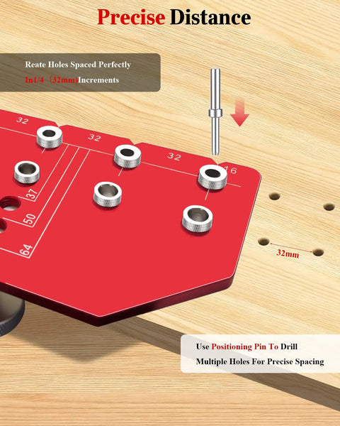 11 Hole Shelf Pin Jig With Adjustable Setup And Fast Clamp Includes One Quarter Inch And Five Millimeter Drill Bits Self Contained Cabinet And Wardrobe Drill Guide Makes Quick Accurate Woodworking Drilling A Breeze showing precise 32mm spacing on wood.