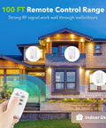 Hand holding remote in front of house illustrating Mini Wireless Remote Outlet Kit With One Remote And Three Outlets For Household Appliances