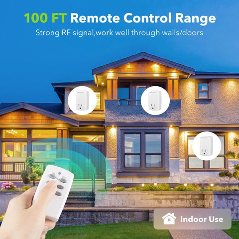 Hand holding remote in front of house illustrating Mini Wireless Remote Outlet Kit With One Remote And Three Outlets For Household Appliances