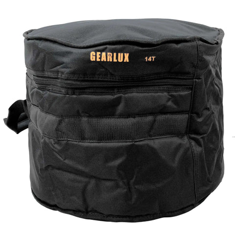 Heavy Duty Five Piece Drum Bag Set With Killer 10mm Foam Padding For 10 12 And 14 Inch Rack Toms, Plus 14 Inch Snare And 22 Inch Bass Drum, featuring a 14 inch padded bag in durable black nylon.