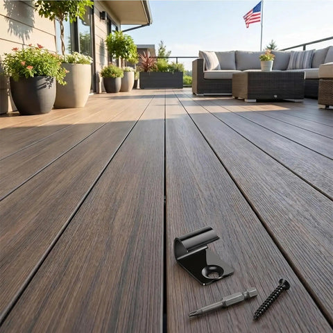 Top Tier Stainless Steel Hidden Deck Starter Clips 50 Pack With Star Drive Screws For Smooth Composite Decking Layout and Rock Solid Weatherproof Outdoor Grip That Holds Tight Securely on a deck.