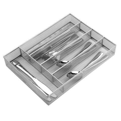 Durable Mesh Wire Cutlery Drawer Organizer With Non Slip Foam Feet Five Compartment Silverware Tray For Kitchen Storage Rustproof Carbon Steel
