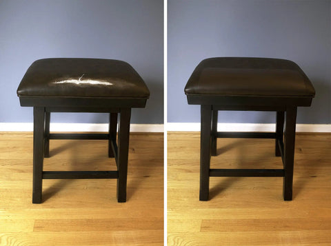 Before and after of Leather Repair Patch Kit Brown 14 By 6 Inches Realistic Self Adhesive Faux Leather Patches for furniture repair.