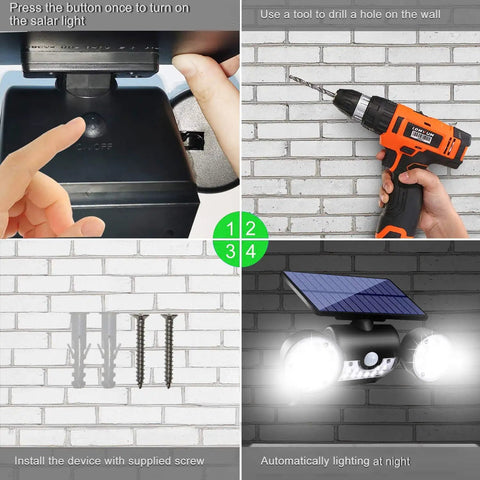 Installation and operation steps for Solar Motion Sensor Lights Outdoor Dual Head Security Lights LED Waterproof 360 Degree Adjustable Wall Lights For Garden Patio Garage Motion Activated 1 Pack