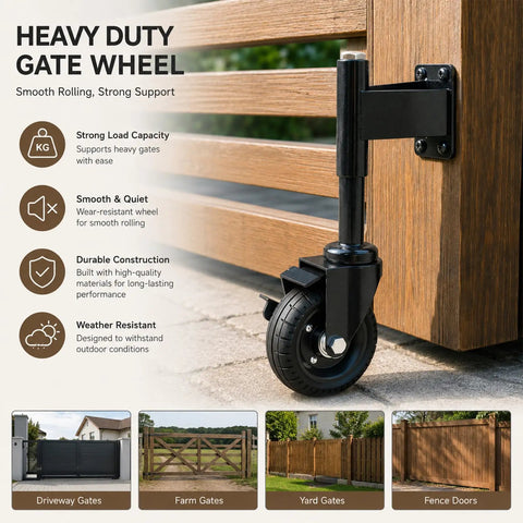 Heavy Duty Workhorse 4 Inch Galvanized Steel Gate Wheels With Locking Foot Brake Black 2 Pack Rust Resistant outdoor caster mounted on gate.