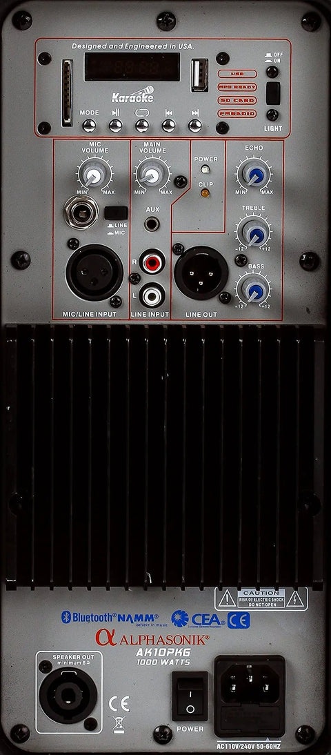Close-up of control panel on All In One 10 Inch Powered DJ Speaker Pair With 1000W Peak Power Party Ready Pro Bass Amplified PA System