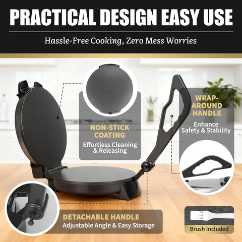 FineMade 10 Inch Electric Roti Maker Machine With Precision Temp Control Detachable Handle Black showing non-stick surface and wrap-around handle.